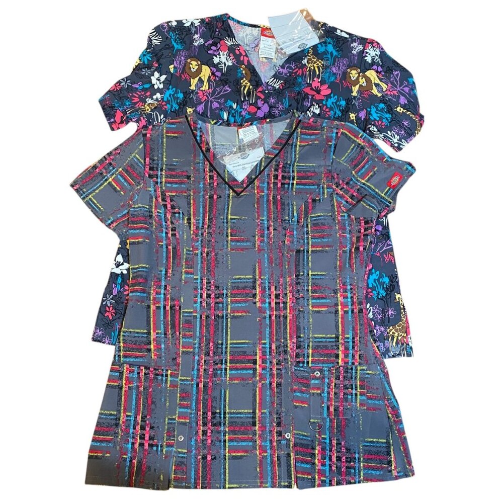 Dickies‎ Womens S Plaid Jungle Boogies Scrub Tops Set Cotton Elastane Multicolor